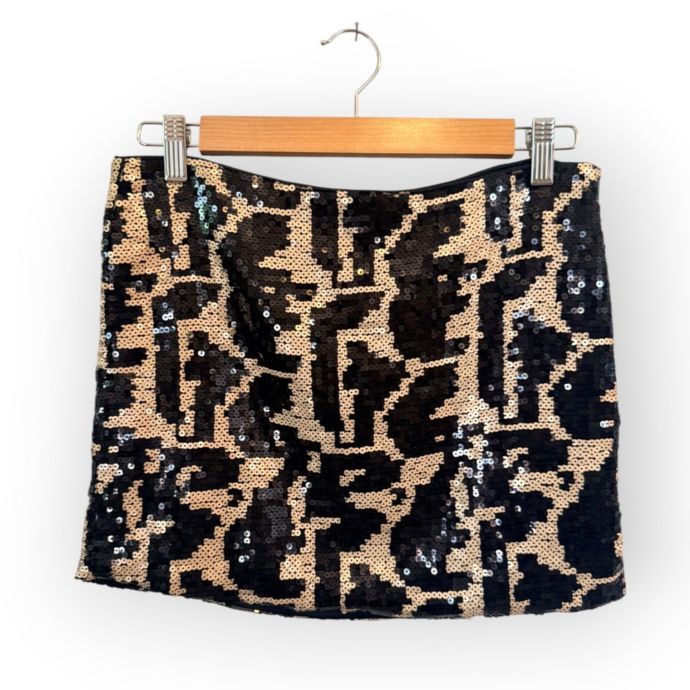 Sequin Animal Leopard Mini Skirt M Y2K 90s Glam Flashy Maximalist Party Sexy